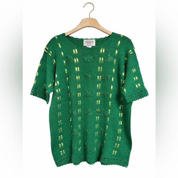 Cervelle Sweaters - Cervelle Green Crochet Trim Whimsical Knit Sweater Ribbon Embroidered Floral L